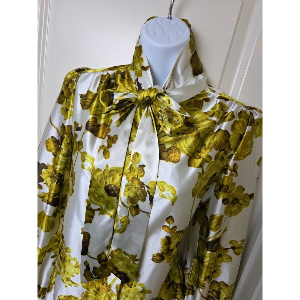 Vtg 60s 70s Hand Made Double Knit Shiny Floral Pussybow Blouse Top‎ Mod Size S?